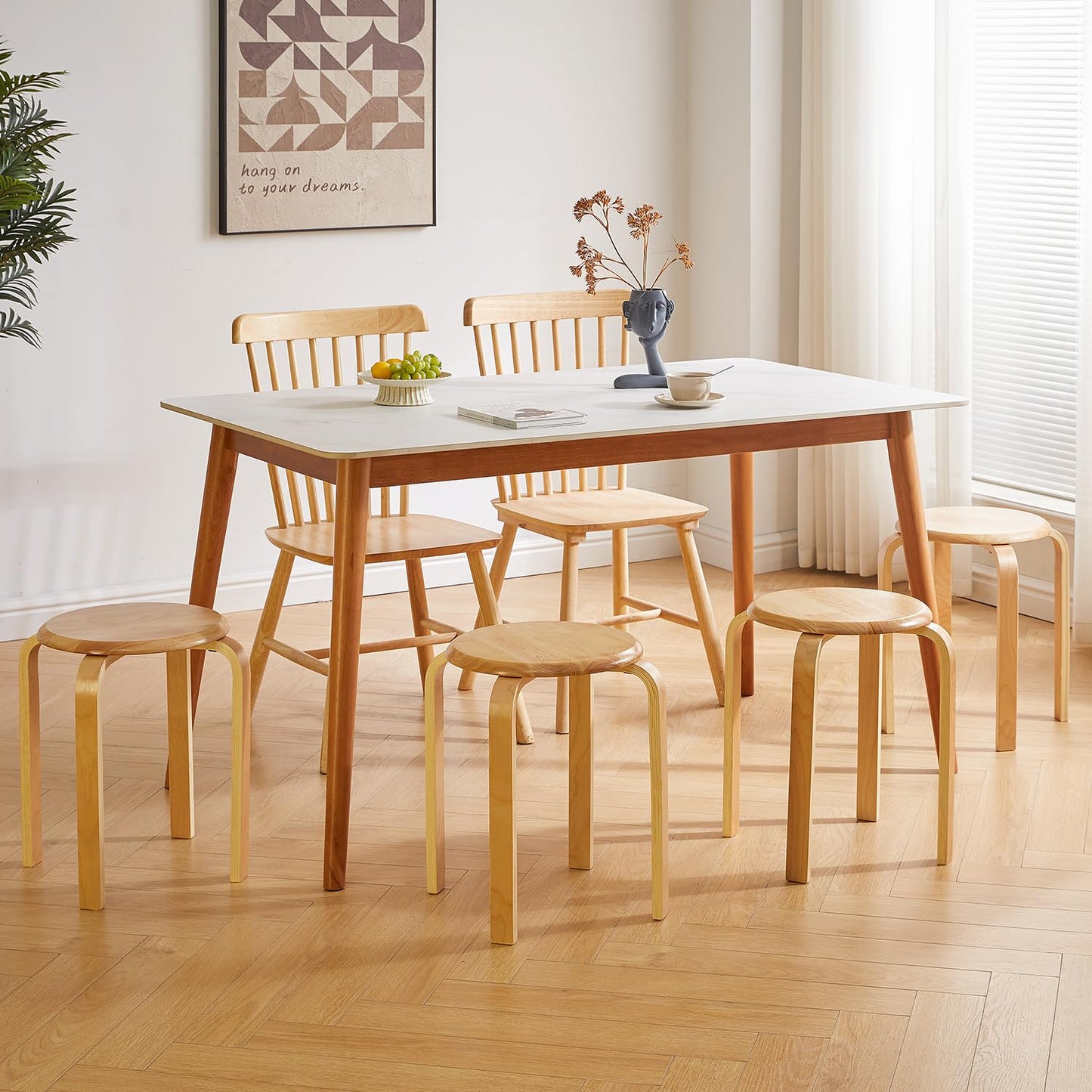 IBUYKE 4er Set Esszimmerhocker, Holzstapelstuhl mit Rutschfester Matte, Stapelhocker für Klassenzimmer, Ihrer Küche, Ihrem Speise- oder Home-Pub-Bereich Natur RF-752-4