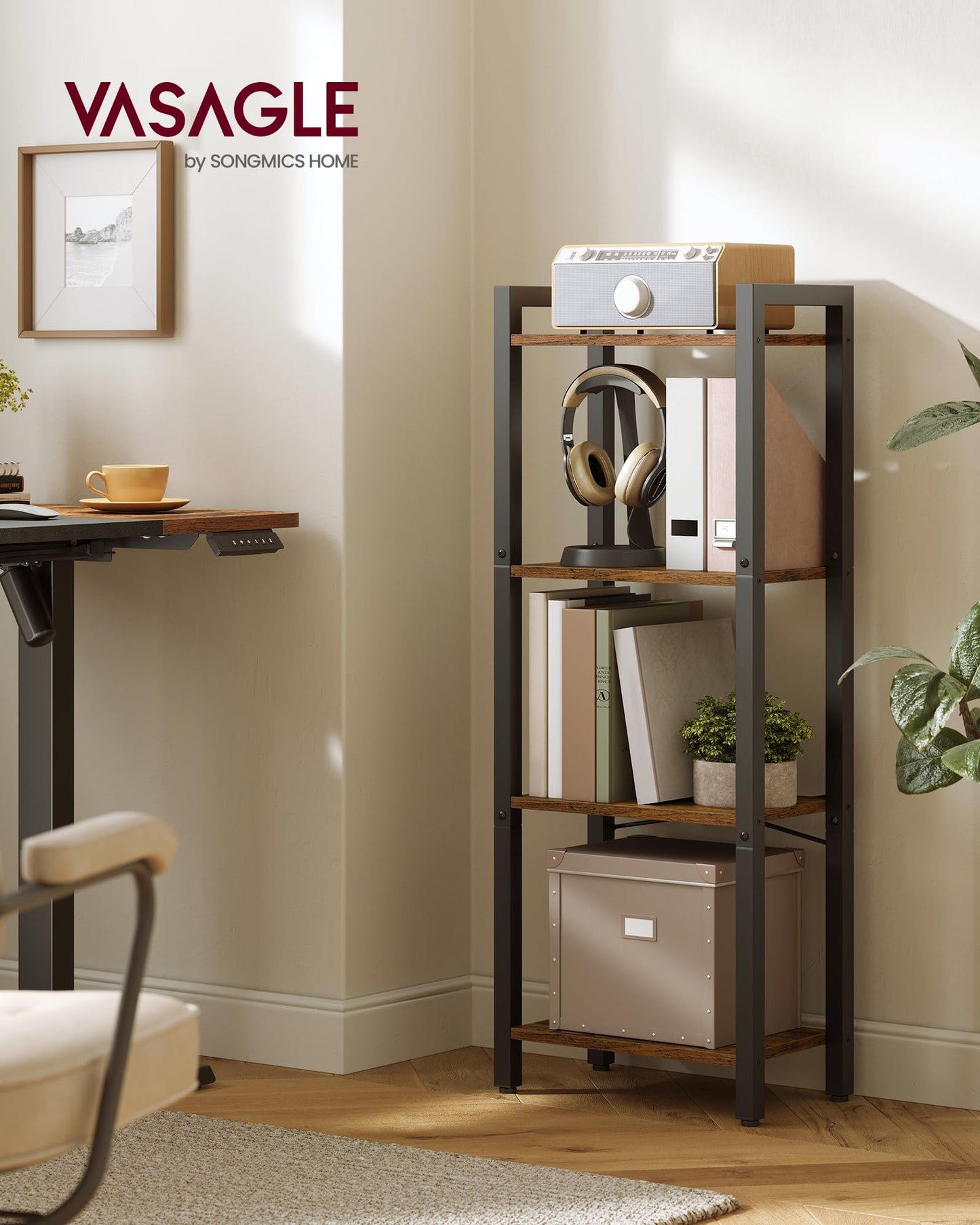 VASAGLE Bücherregal 4 Ebenen im Industriestil, Rustikales Braun und Tintenschwarz, 24 x 40 x 107 cm für Wohnzimmer und Büro