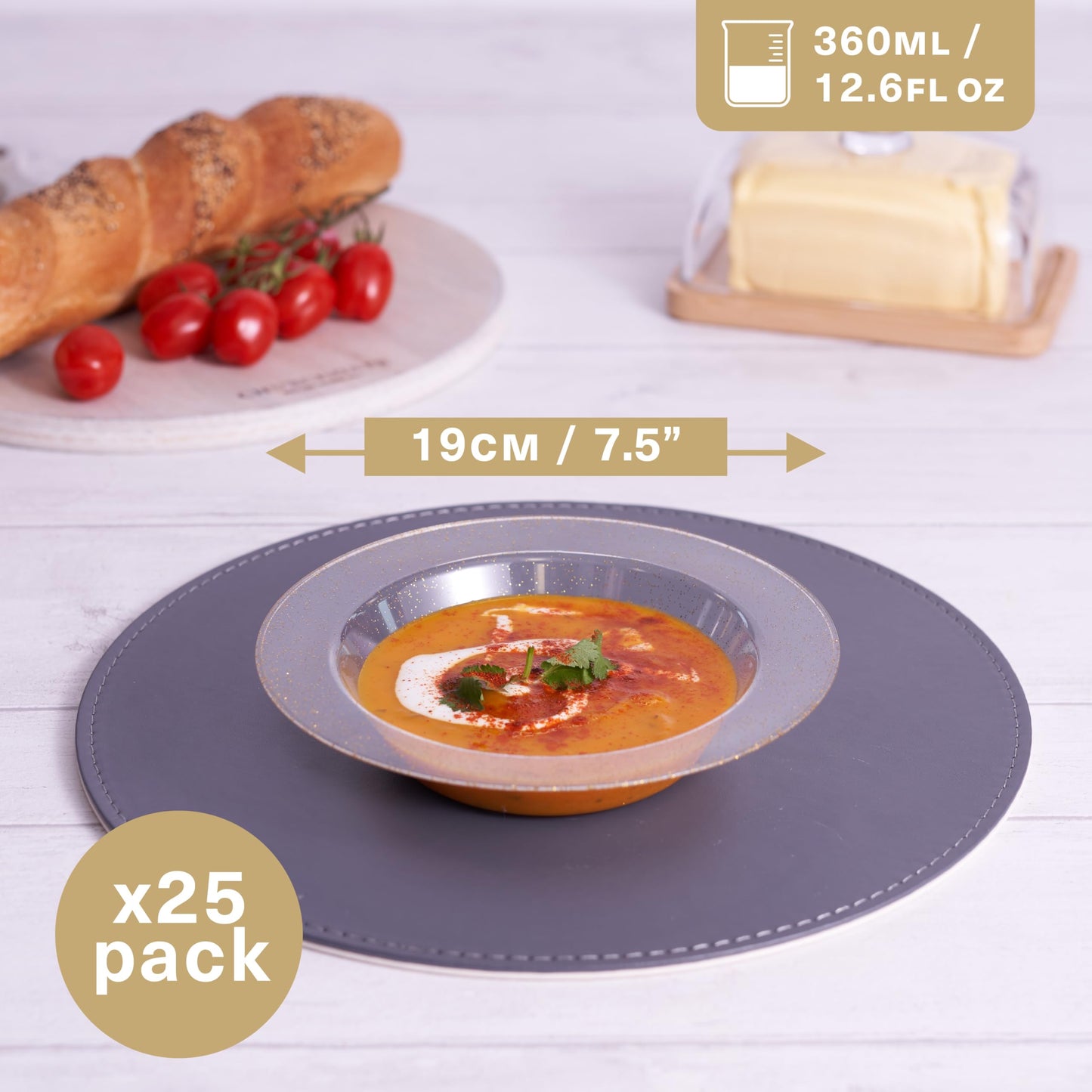 MATANA 25 Klare Plastikschalen mit Goldglitzer, Suppenteller, Suppenschalen (360ml) - Suppenschüssel für Hochzeiten, Geburtstage, Taufen, Weihnachten, Partys - Mehrweg & Stabil