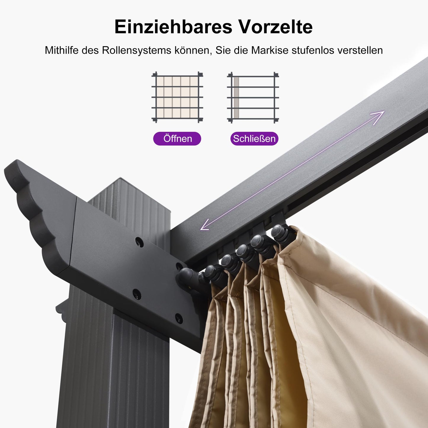 PURPLE LEAF Pergola 3 x 3 m Wasserdicht Stabil Winterfest, Aluminium Gartenpavillon mit Wetterfestes Schiebedach, UV-Schutz, für Terrasse, Garten, Beige