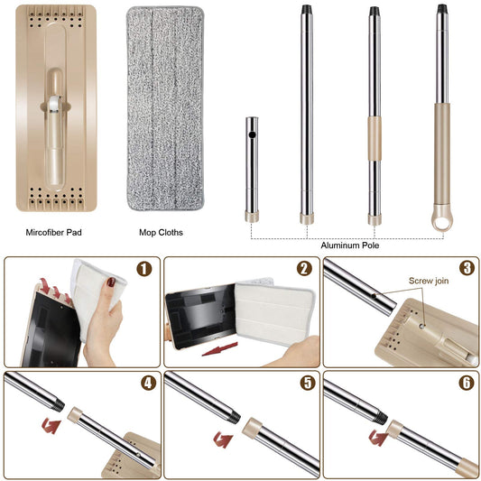 MASTERTOP Wischmopp Set mit Eimer, 2 in 1 Bodenwischer mit 138cm Edelstahlgriff und 6 Mikrofaser Moppkopf, Hand-Frei Wischmop & Putzeimer mit auswringfunktion für Hartholz Laminat Fliesen(Beige)