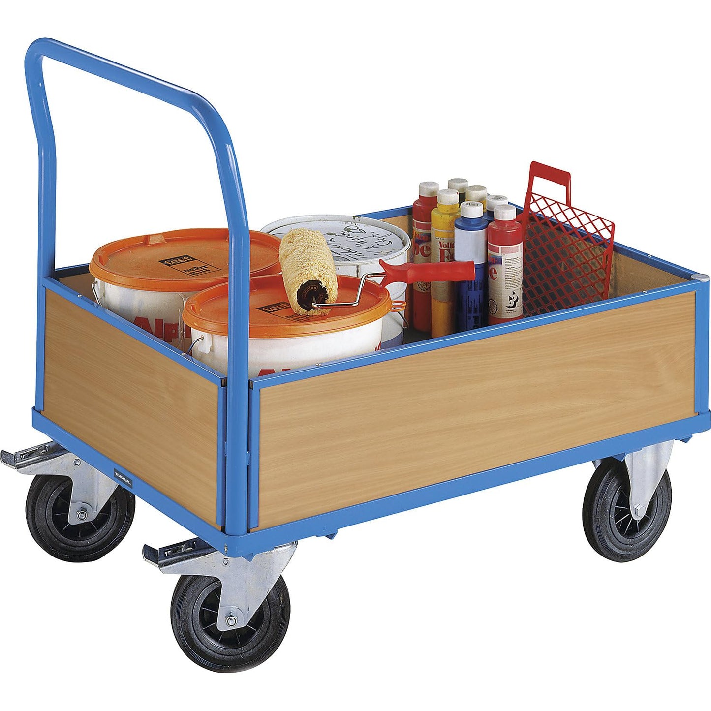 eurokraft | pro | Plattformwagen mit Holzwänden | mit 4 halbhohen Wänden | LxB 1050 x 700 mm | Luftreifen