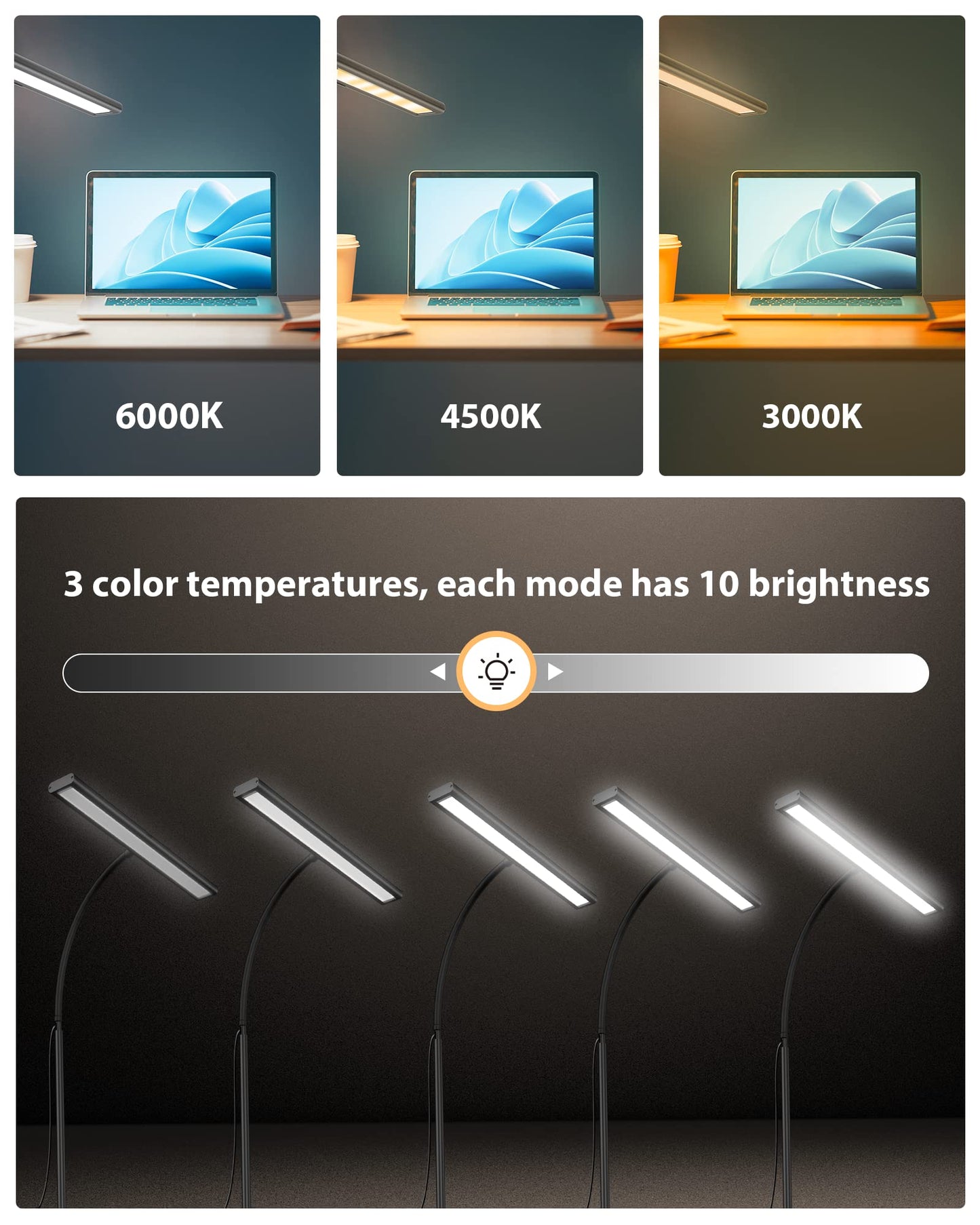 iFalarila 10W Schreibtischlampe Dimmbar - 160 LED Super Helle Klemmleuchte mit USB-Adapter | 3 Farbtemperaturen & 10 Helligkeitsstufen | 70cm Flexiblem Schwanenhals, Arbeitslampe für Home Office