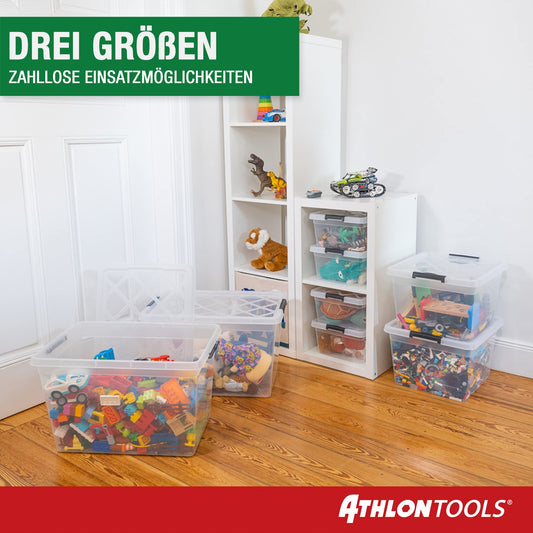 ATHLON TOOLS 4x 12.5 L Aufbewahrungsboxen mit Deckel, lebensmittelecht - Verschlussclips - 100% Neumaterial Plastik-Box transparent - Kleiderboxen stapelbar…