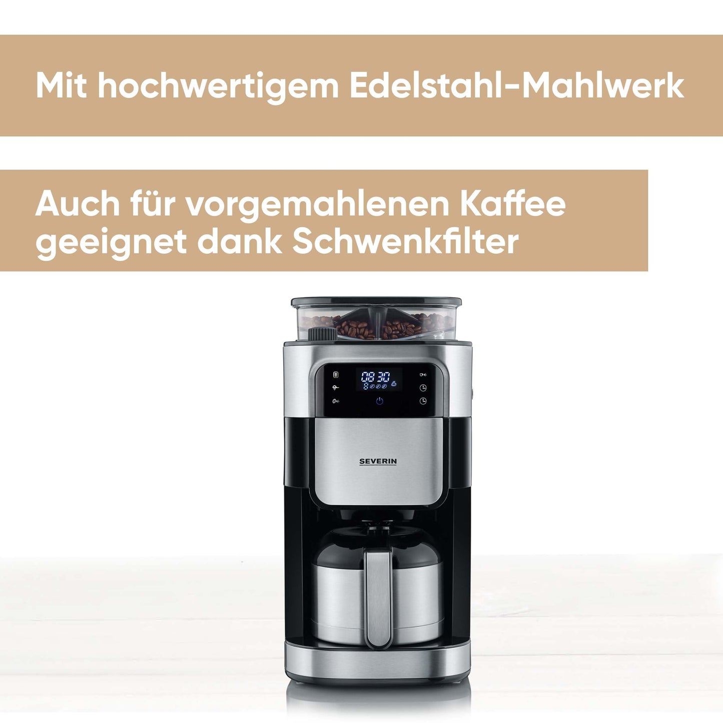 SEVERIN Filterkaffeemaschine mit Edelstahl-Mahlwerk und Thermokanne, feinste Mahlung und individuell auswählbarer Mahlgrad, 1000 W, für bis zu 8 Tassen / ca. 1 Liter, Schwarz, KA 4814