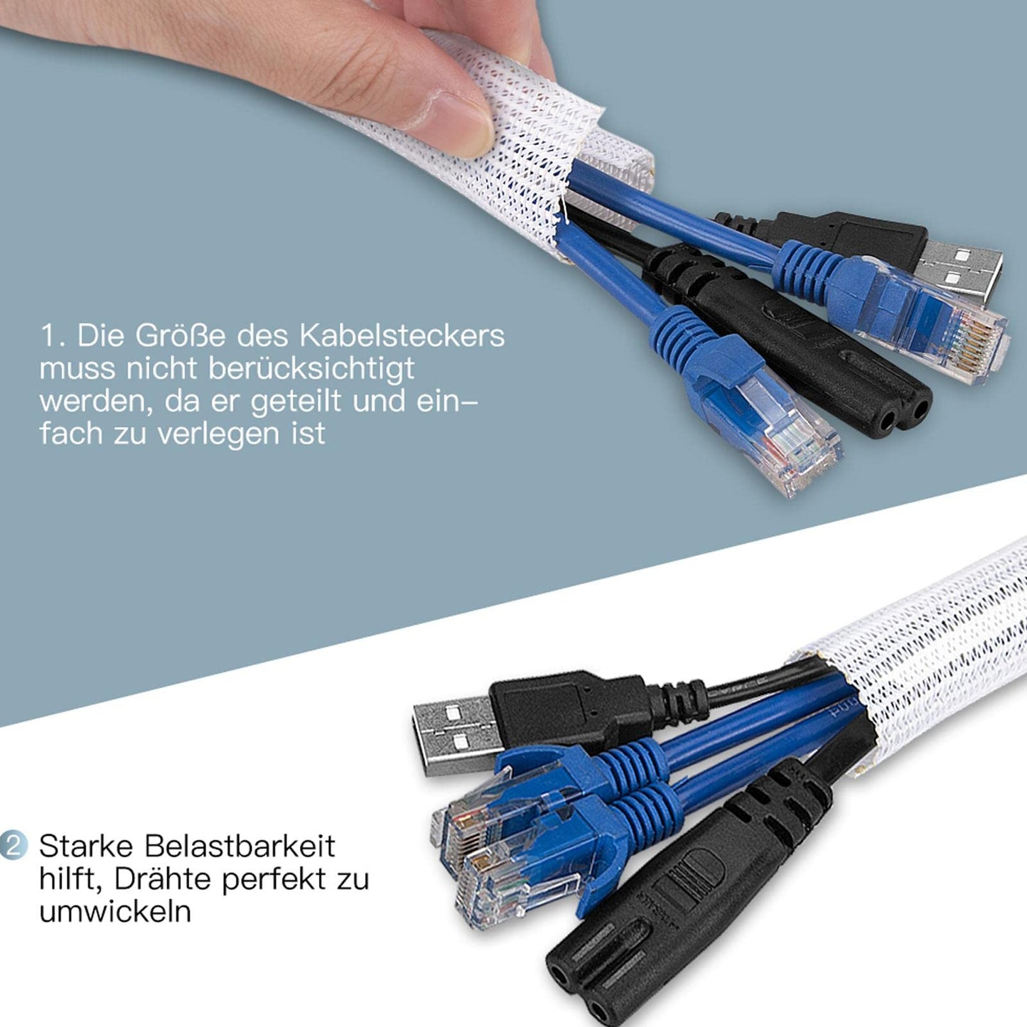 AGPTEK 13mm-7.6m Kabelschlauch, selbstschließend Kabelkanal, Flexibler gewebter Kabelmantel, Kabelmanagement für Schreibtisch, TV, Computer, PC, Kabelschutz für Hund, Katze