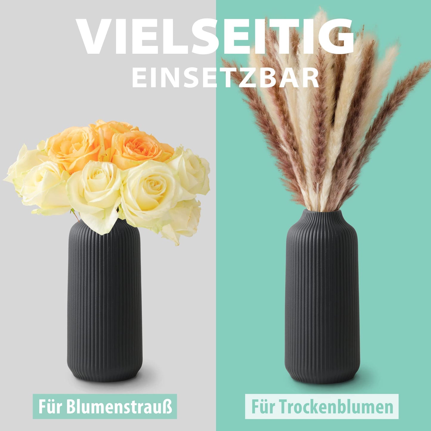 flature Keramik Vase mit Rillen - für Pampasgras als Boho Deko, kleine Vase Schwarz Matt 21cm hoch für Flowers, Wohnungsdeko für frische Blumen, Trockenblumen, Esstisch, Büro (Gr.M)
