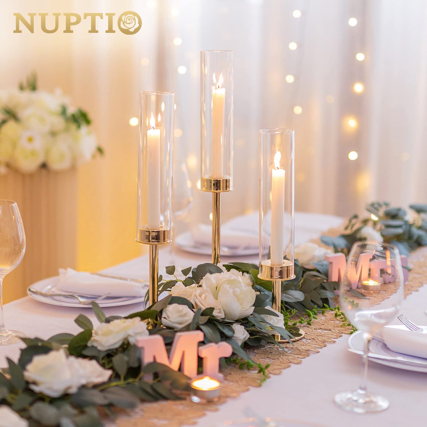 Nuptio Glaszylinder Kerzenständer Metall Gold - 18 Stücke Kegel Kerzenhalter Stabkerze Pack ür Kerzen, Klarglas Hurricane Schatten Spitze Kerzen Modern Hochzeit Weihnachten Tisch Abendessen Kamin