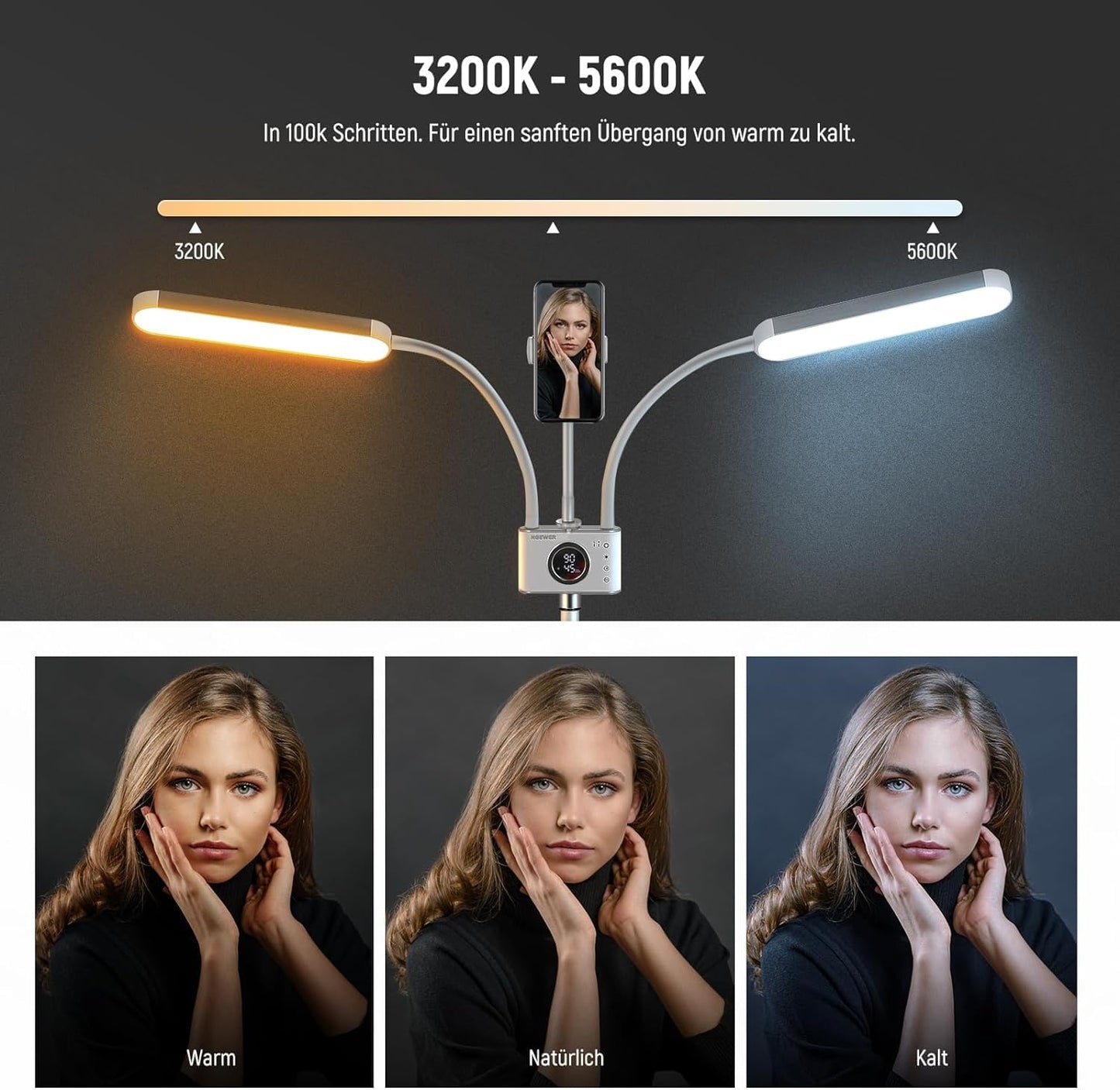 NEEWER LED Kosmetik Licht mit Handyhalter und Taschenset, Videolicht mit 2,4G/PC/MAC Steuerung, Streaming Light mit CRI98+ stufenlos dimmbare Make up Augenbrauen Tattoo Wimpern leuchte, BH40B