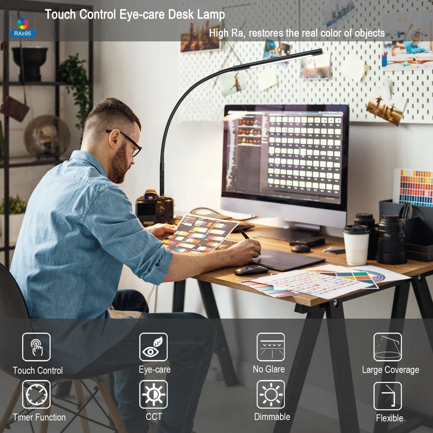 EYOCEAN Schreibtischlampe LED mit Fernbedienung, Verstellbare Schwanenhals Klemmleuchte, Einstellbare Dimmen & Farbtemperaturen, Berührungssteuerung Büro Tischlampe, 12W, Mattschwarz