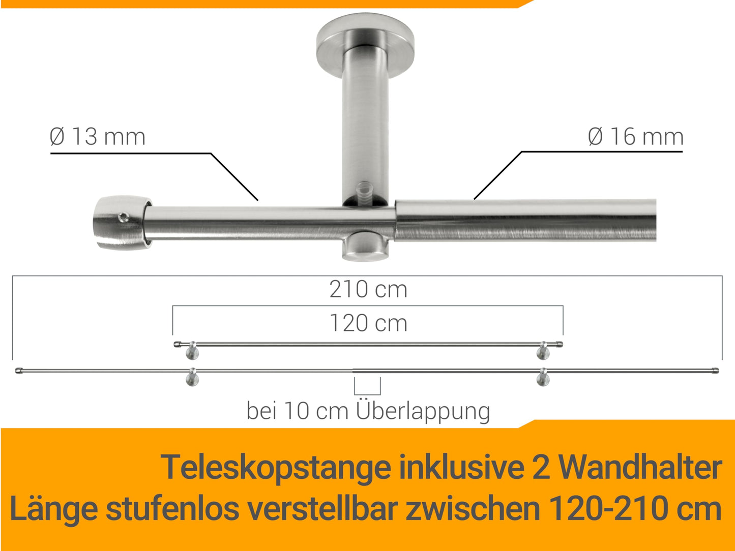 npluseins Gardinenstange/Teleskop 1-läufig Ø 13/16 Set + Zubehör 1569.2259, ca. 120-210 cm, Zylinder Chrom