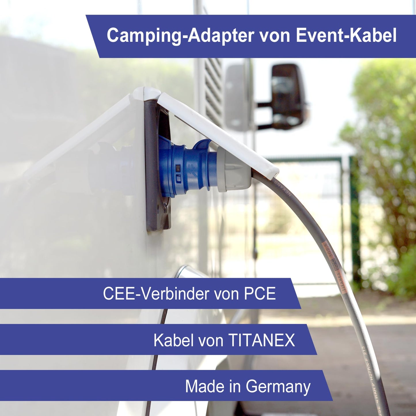 Event-Kabel CEE-Adapterleitung Campingadapter 0,5 m Gummileitung, 3x2,5mm², 250 V CEE-Stecker blau und Schutzkontaktkupplung, IP44, Wohnmobil, 3-polige Leitung, Made in Germany