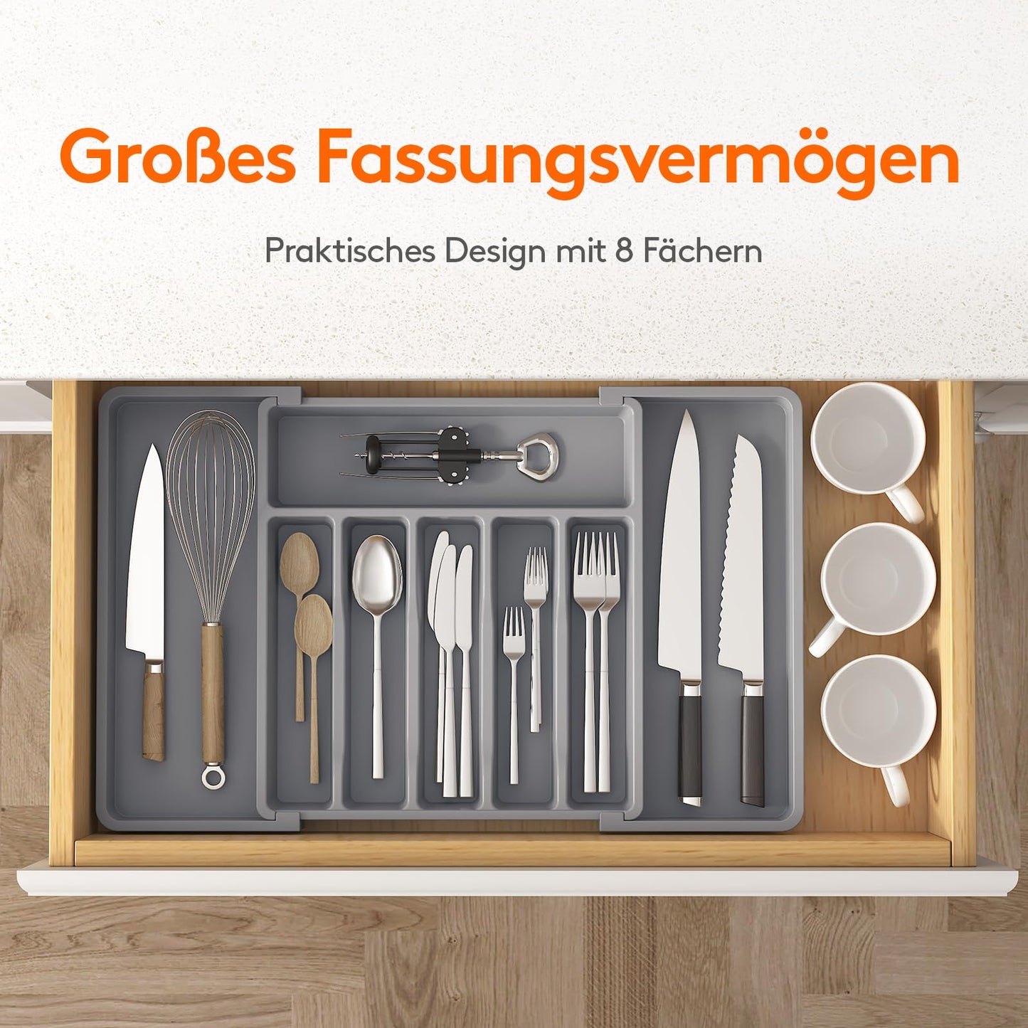Lifewit Besteckkasten für Schubladen,erweiterbarer Besteckhalter Utensilienhalter für Küchenschubladen, kompakt Besteckeinsatz für Küche Organizer aus Kunststoff für Löffel,Gabeln, Messer, Grau
