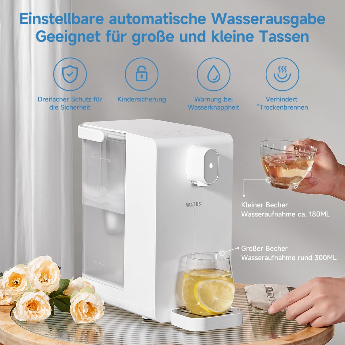 Watus Heißwasserspender, Instant-Wasserspender, Wasserspender mit Filterung und Heizung, Enthält 3 Filterpatronen. Filtern Sie Wasser, um Kalk, Chlor, Blei und Kupfer im Leitungswasser zu reduzieren
