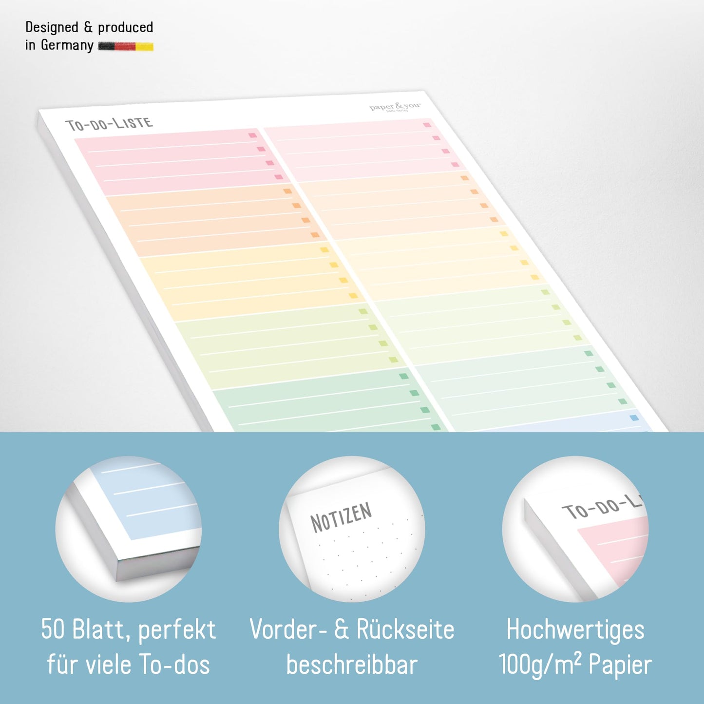 paper&you® A5 To-do Listen Block "Rainbow" 50 Blatt inkl. Notizblock auf der Rückseite - nachhaltig & klimafreundlich