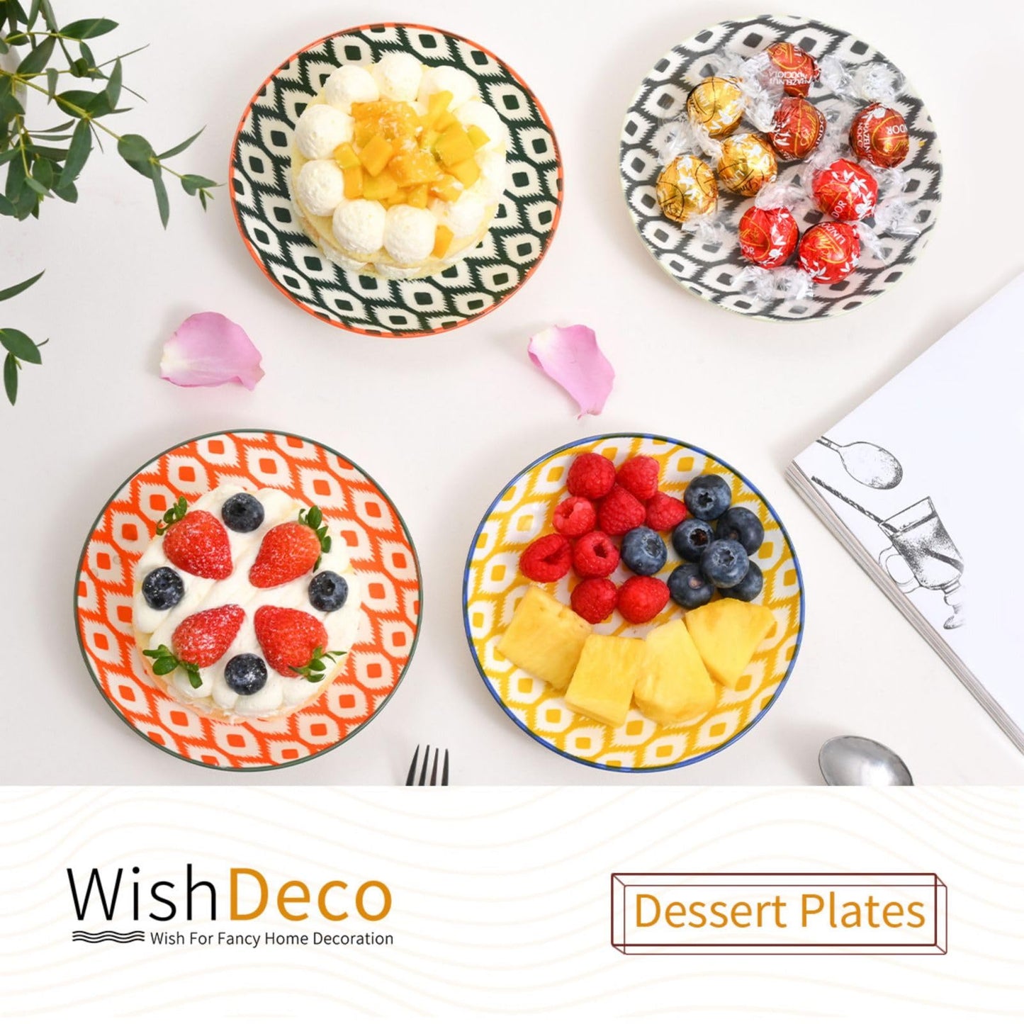 WishDeco Kuchenteller 6er Set, Kleine Dessertteller Φ15cm, Porzellan Salatteller, Bunte Frühstücksteller, Mini Speiseteller für Pasta, Obst, Brot