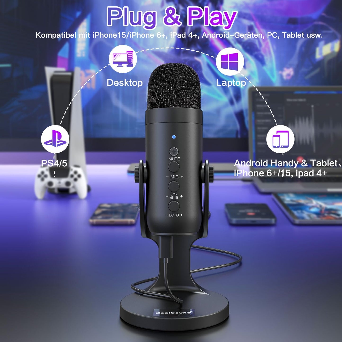 zealsound USB Mikrofon, Kondensator Mikrofon für PC Handy, PS4, PS5, Microphone PC USB C für Gaming, Podcast,Aufnahmen,Streaming,ASMR