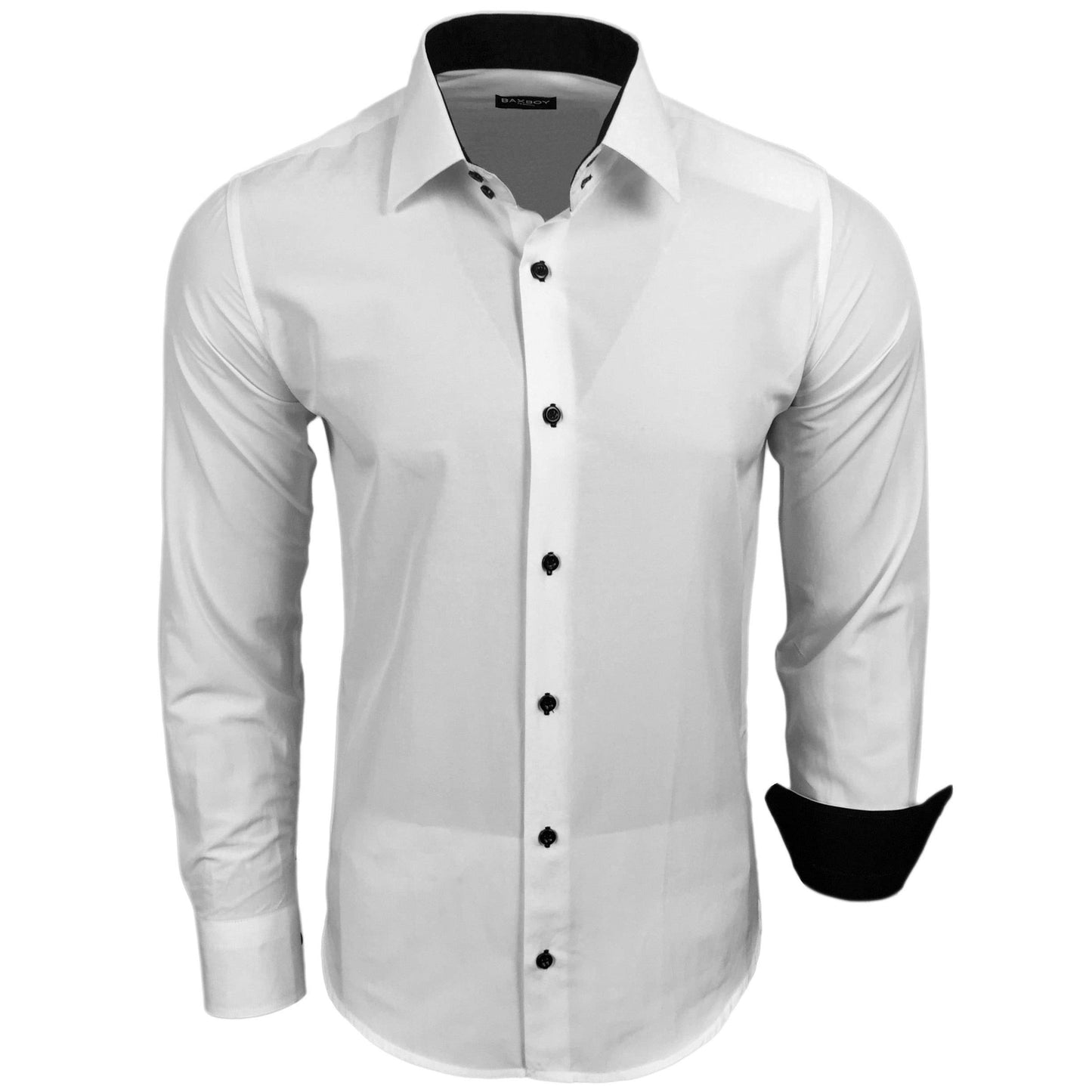 Baxboy Herren-Hemd Slim-Fit Bügelleicht Für Anzug, Business, Hochzeit, Freizeit - Langarm Hemden für Männer Langarmhemd R-44, Farbe:Weiss/Schwarz, Größe:L