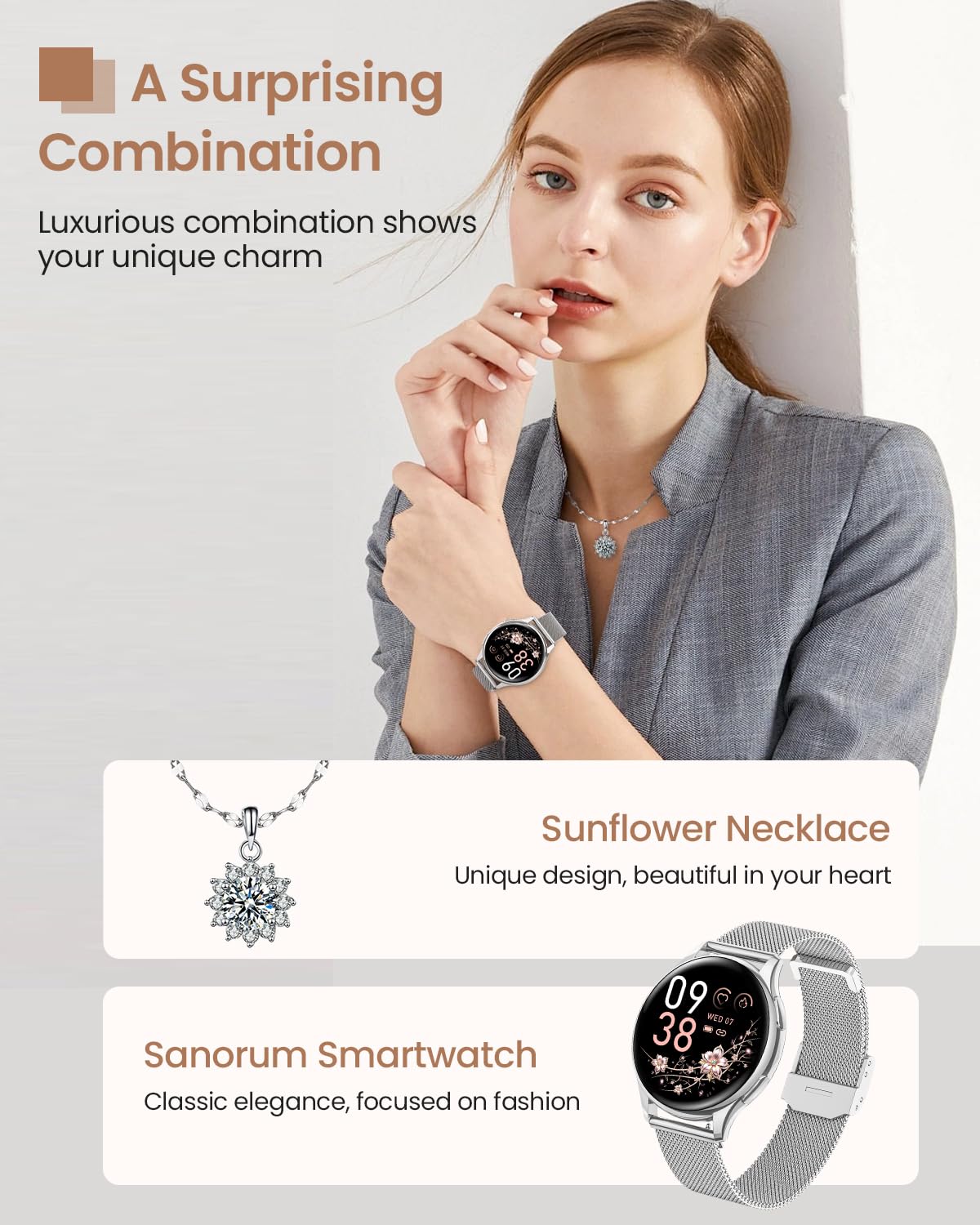Sanorum Smartwatch Damen mit Telefonfunktion, Rund 1,27" HD Screen Armbanduhr mit 120+ Sport Pulsuhr SpO2 Schlafmonitor Menstruationszyklus IP68 Fitness Tracker Schrittzähler für iOS Android Silber