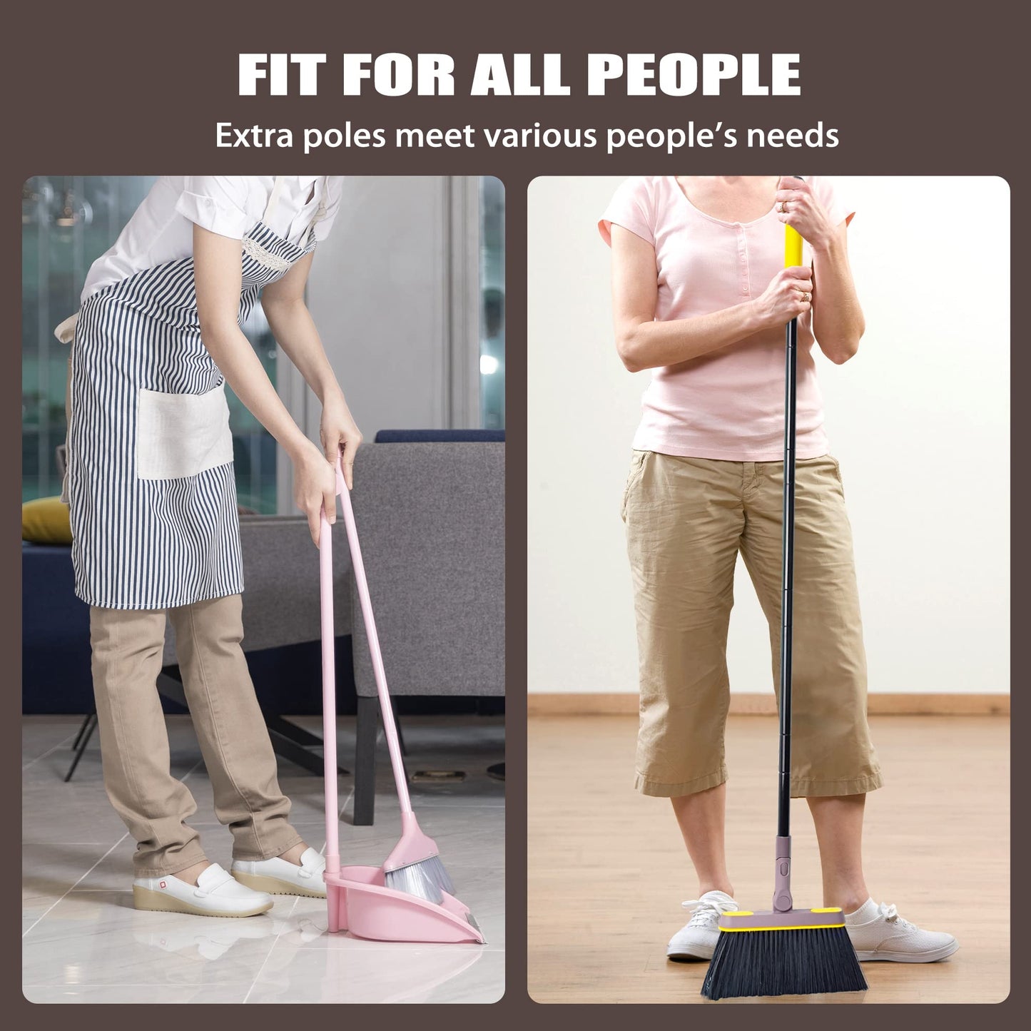 JEHONN Besen und Kehrschaufel Set mit Langem Stiel 138CM, 180 Grad Drehbar Camping Kehrbesen Innen und Schaufel für Vorzelt, Haus, Büro, Lobby, Terrasse