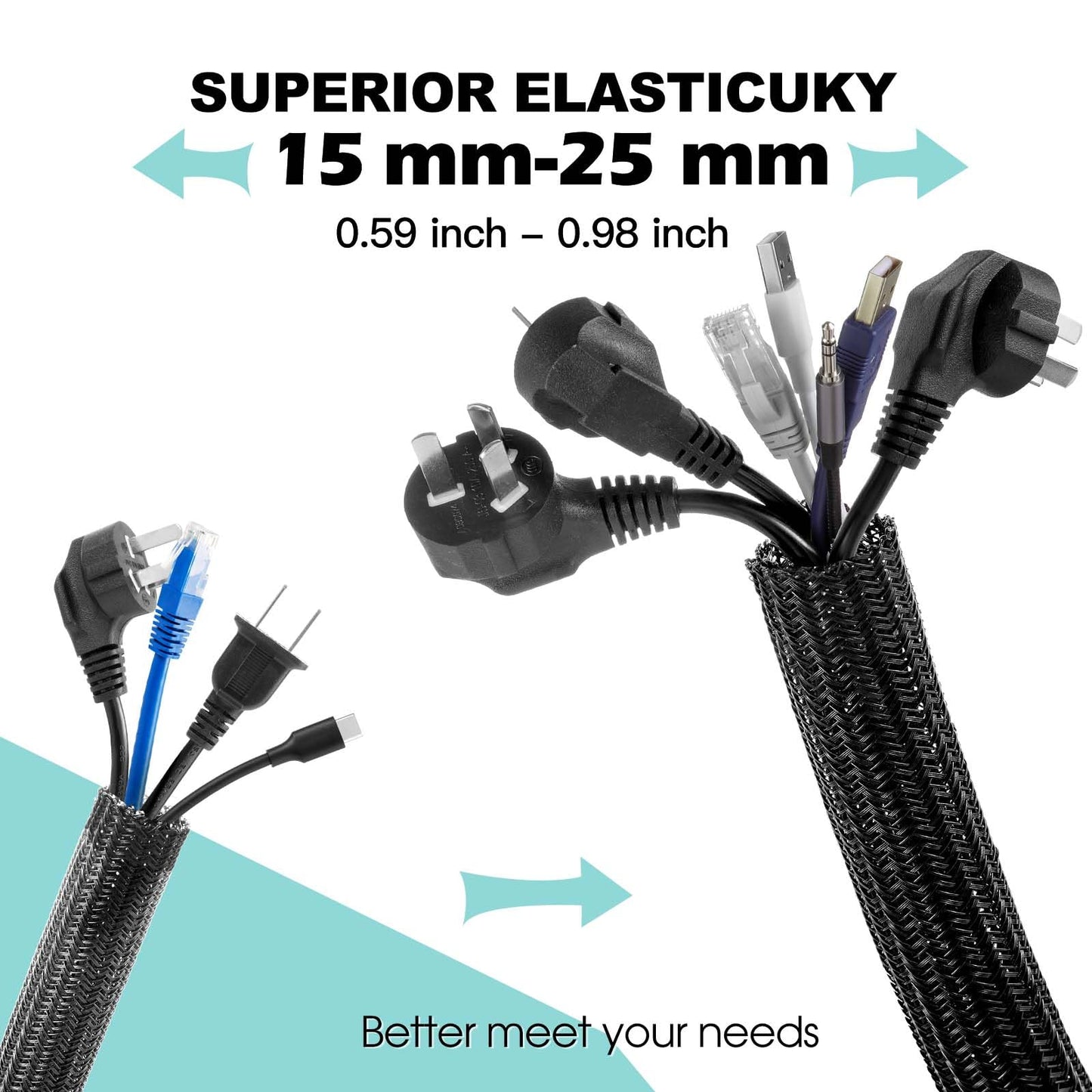 AGPTEK 6m Kabelschlauch, 15-25mm selbstschließend Kabelkanal, Flexibler gewebter Kabelmantel, Kabelmanagement für Schreibtisch, TV, Computer, PC, Kabelschutz für Hund, Katze, Schwarz