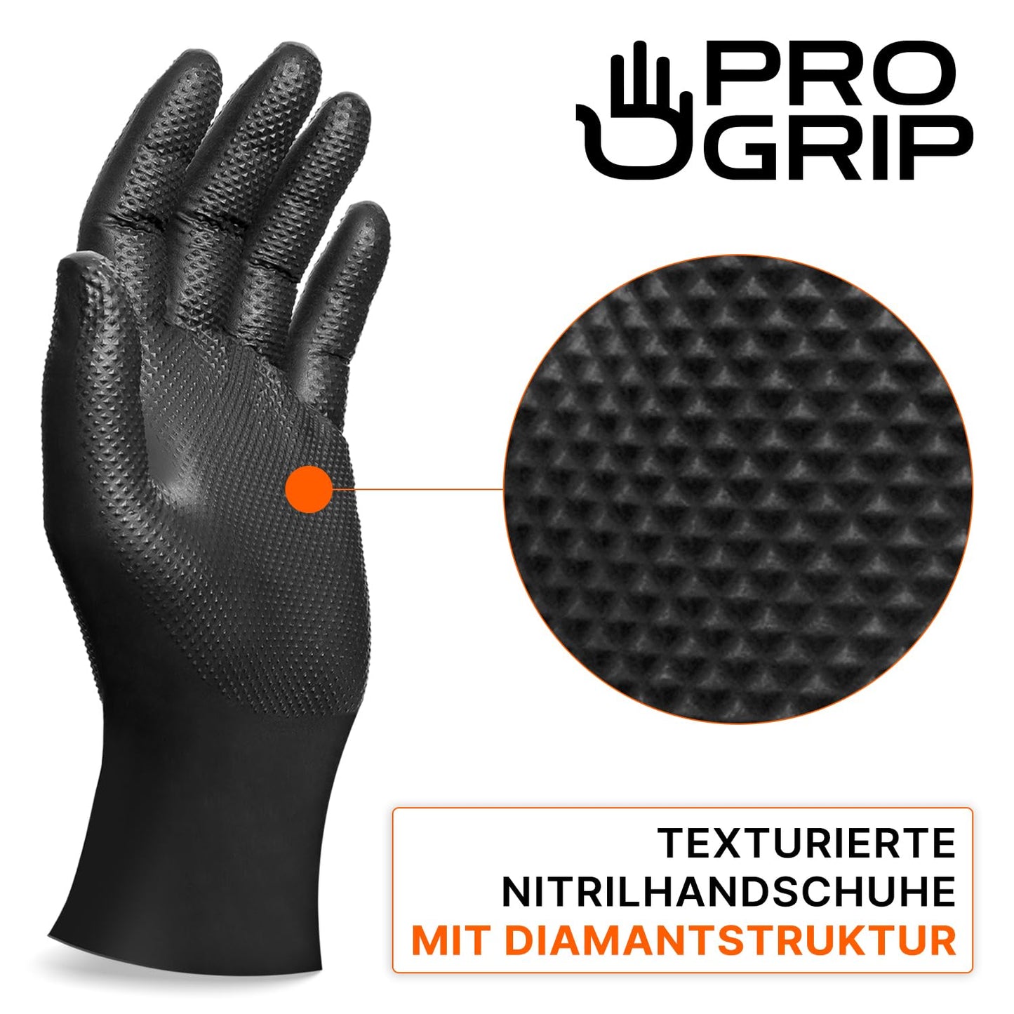 PROGRIP Einweghandschuhe Diamant Grip, Schwarz, Einmalhandschuhe Extra Stark, Nitrilhandschuhe Gr. L, 2x dicker, Handschuhe Einweg, Arbeitshandschuhe für Werkstatt & Montage, 50 Stk/Box