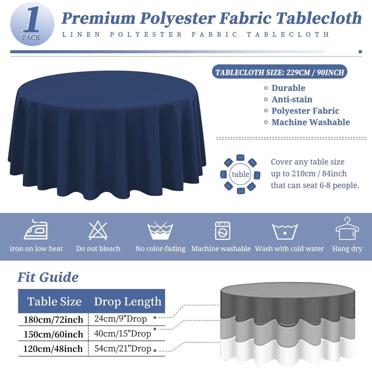 1 Stück Polyester-Tischdecke Dunkelblaue,228 cm Rund, Waschbar,Knitterresistent,Verblasst Nicht Tischdecke Tischdekoration für Hochzeit Party Restaurant Bankett (Dunkelblaue)