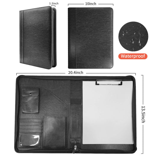 NEWYES NY-A403-BL-EU Konferenzmappe aus Leder, mit Reißverschluss, A4, Reisedokumentenmappe, Portfolio-Reisetasche, persönlicher Agenda-Organizer, 33,5 cm x 25 cm x 3,5 cm, Schwarz-Weiß