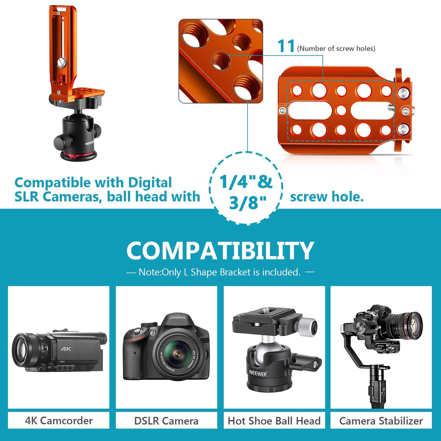 NEEWER L förmige Halterung,vertikale QR Platte,universelle DSLR Kamera,L Halterung mit 1/4" Schraube Arca Basis,kompatibel mit DJI Ronin Zhiyun Weebill Nikon Canon Sony Panasonic DSLR Kamera(Orange)