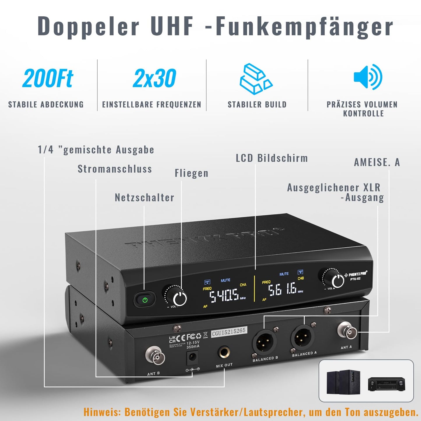 Phenyx Pro Mikrofon Drahtloses Mikrofonsystem mit Koffer, kabelloses Handmikrofon-Set für Gesang, Karaoke, Kirche, 2x30 UHF einstellbare Frequenzen, 200ft Reichweite (PTU-52)