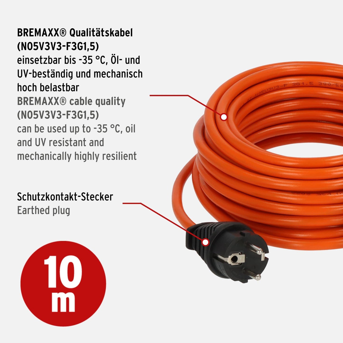 Brennenstuhl BREMAXX Verlängerungskabel (10m Kabel in orange, für den kurzfristigen Einsatz im Außenbereich IP44, Stromkabel einsetzbar bis -35 °C, öl- und UV-beständig, Made in Germany)