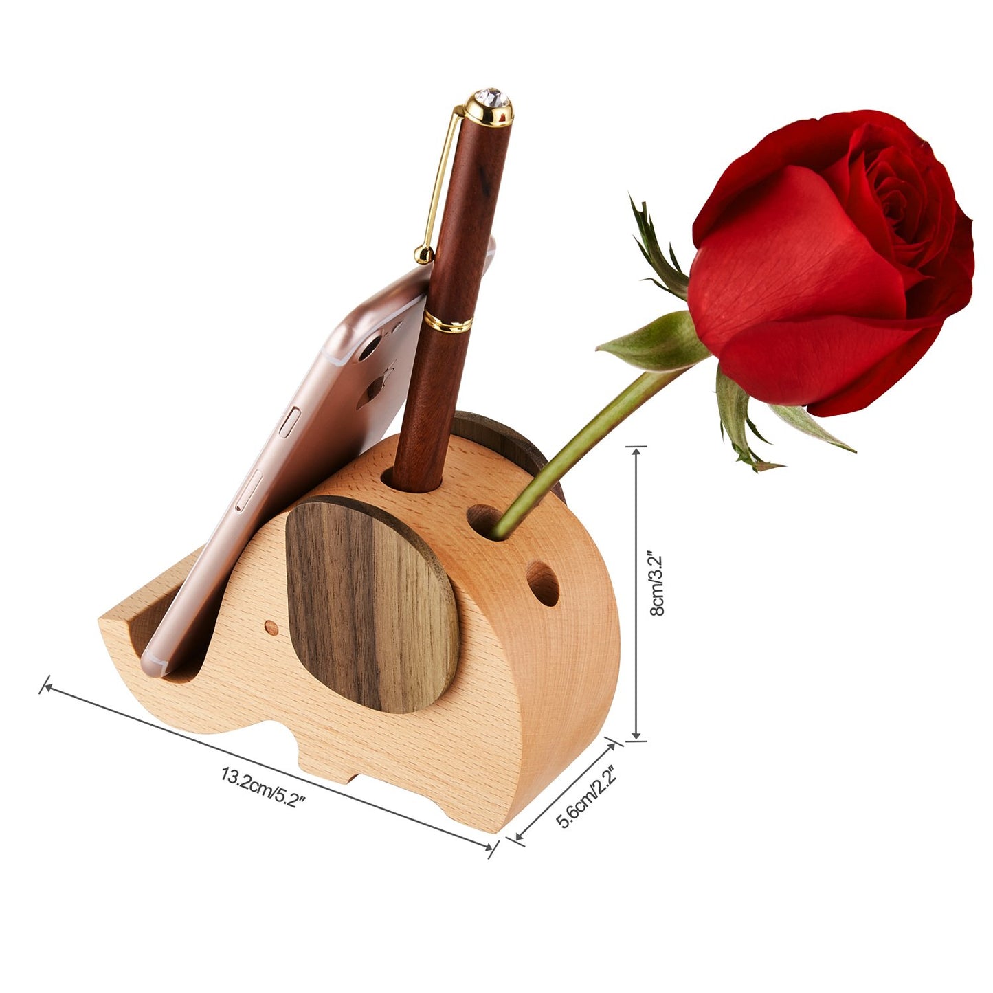 AhfuLife Holz Elefanten Stifthalter mit Handy Halter Schreibtisch Organizer, Schreibtisch dekoration Multifunktionaler Handyhalter, Geschenk für Valentinstag, Geburtstag, Muttertag, Weihnachtstag