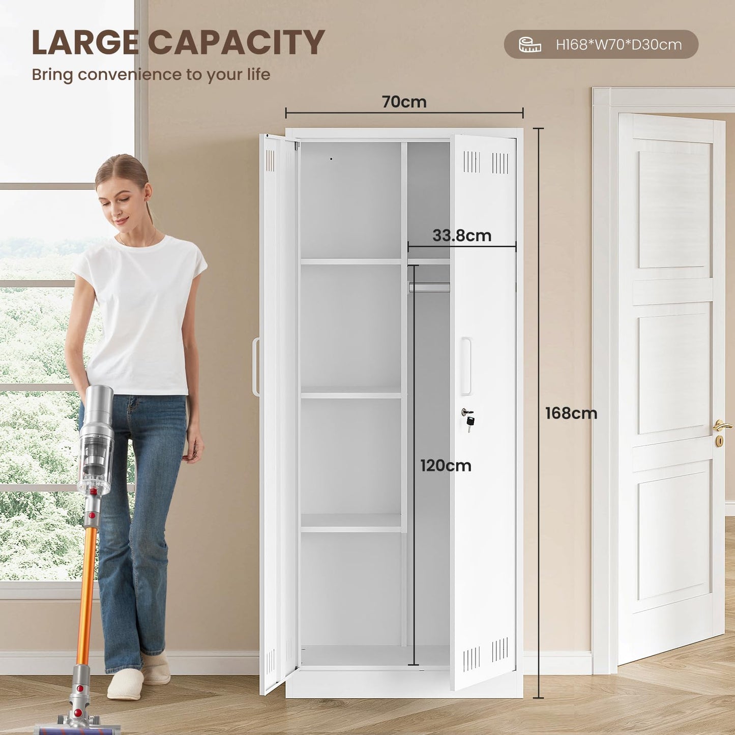Sightlife Weißer Stahlschrank DBDEQJ24594W 168x70x30 cm – Abschließbarer Mehrzweckschrank mit Magnetverschluss und Aufhängung
