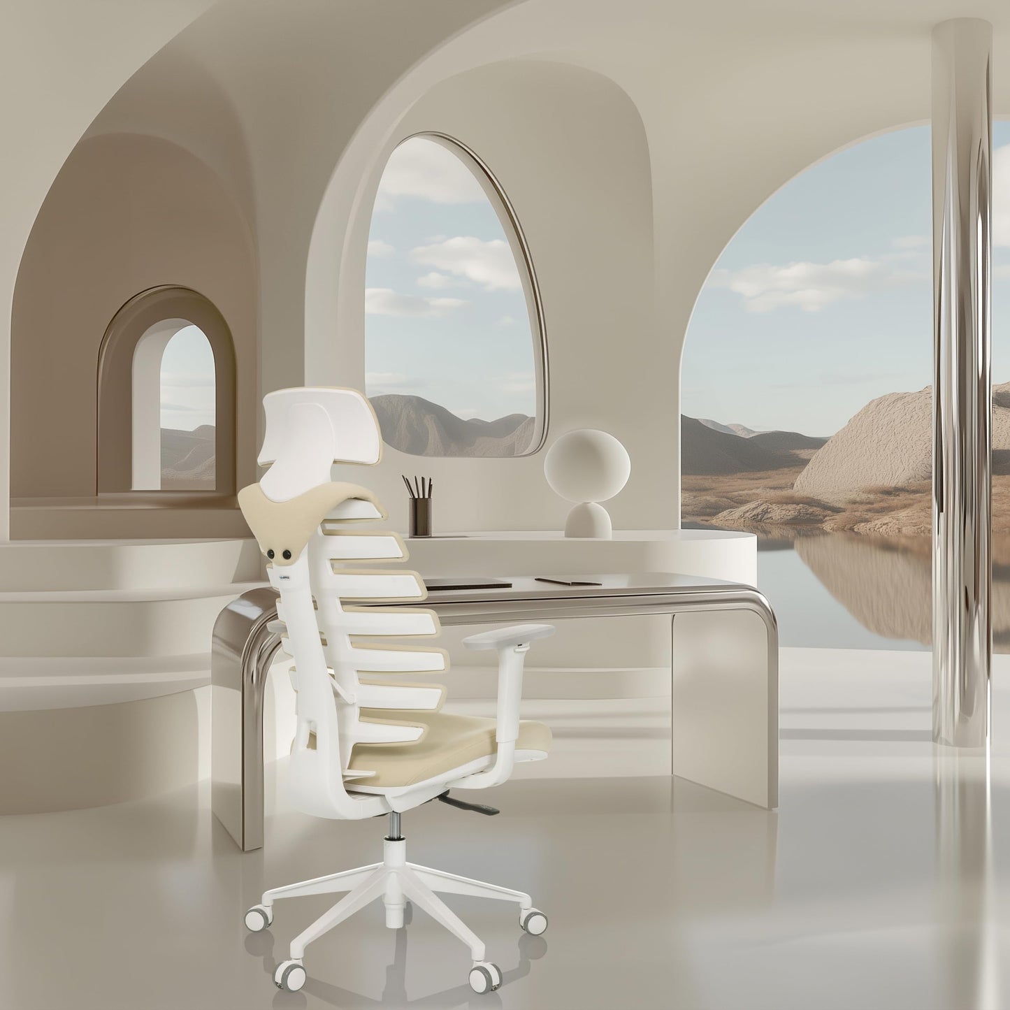 hjh OFFICE Ergo LINE W Bürostuhl – ergonomischer Drehstuhl mit Lordosenstütze & Kopfstütze, Beige