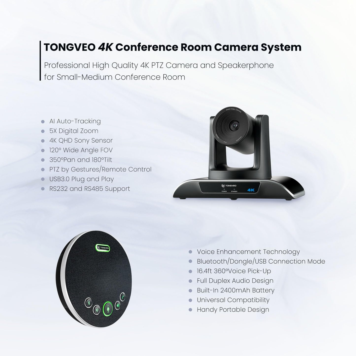 TONGVEO 4K All-in-1 Konferenzraum-Kamera-System mit Bluetooth-Mikrofon, AI Auto-Tracking 5X Digitalzoom USB3.0 124° Weitwinkel PTZ-Kamera und Freisprecheinrichtung für Zoom Skype Teams und mehr