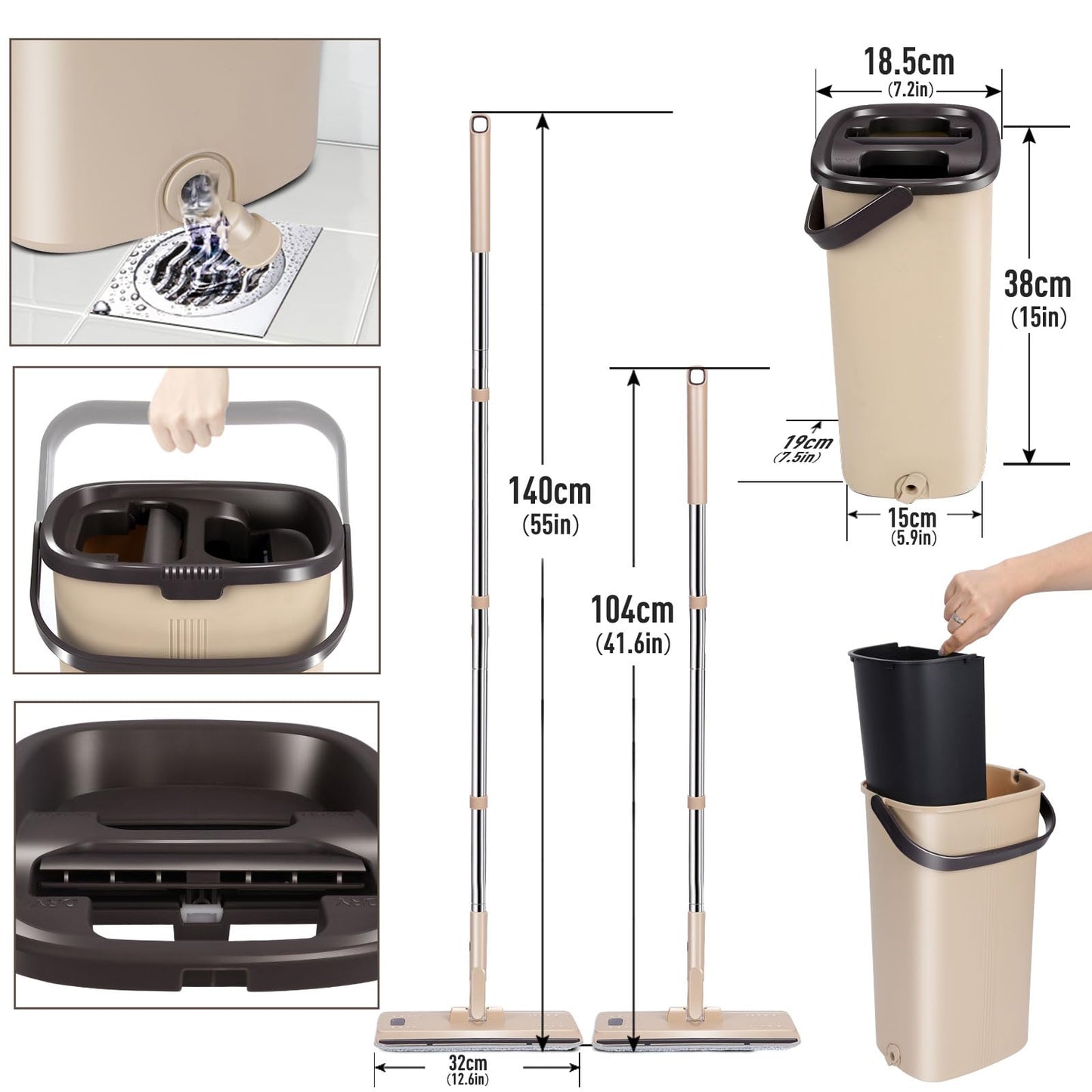 Masthome Wischmopp Set mit Eimer,Bodenwischer Set mit Eimer, 138cm Wischmopp mit Auswringfunktion, 6 Wischpads,Mikrofaser Flacher Mopp aus Einstellbar Edelstahlgriff für Alle Bodentypen Bodenreinigung