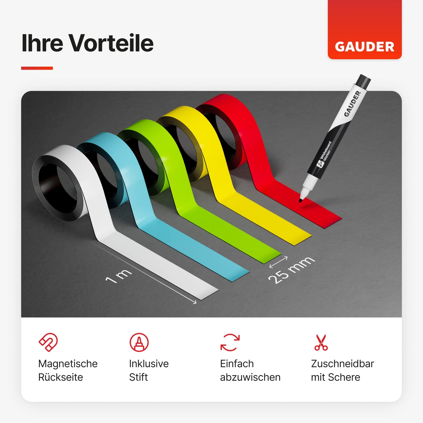 GAUDER 5x Magnetstreifen beschreibbar | Magnetstreifen zum Beschriften | Beschreibbare Magnetstreifen bunt (25 mm x 1 m)