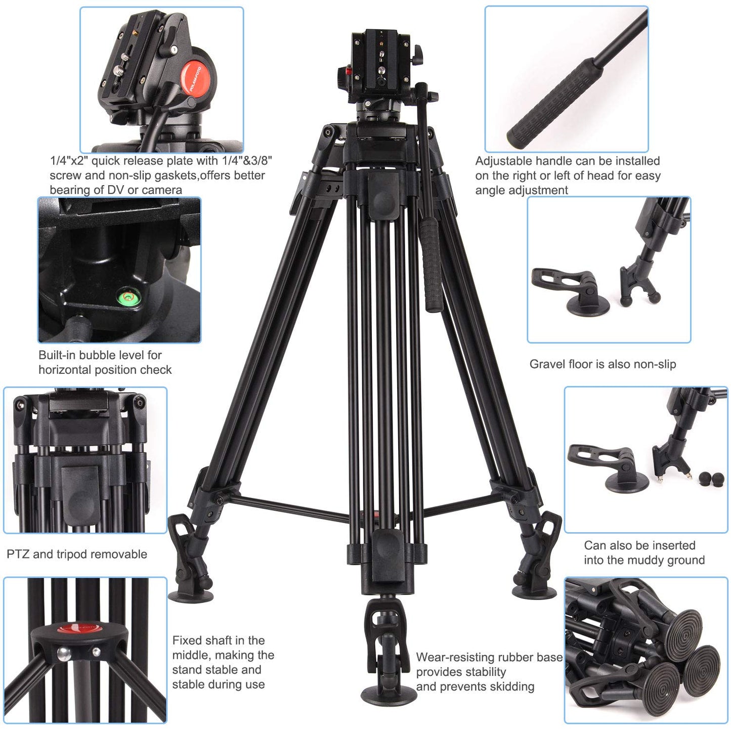 POLAM-FOTO 163cm Professionelles Video Stativ mit Fluidkopf, Hochleistungs-Aluminium-Doppelrohrstativ,Traglast 8 kg, strapazierfähigen Stativ für Videokameras