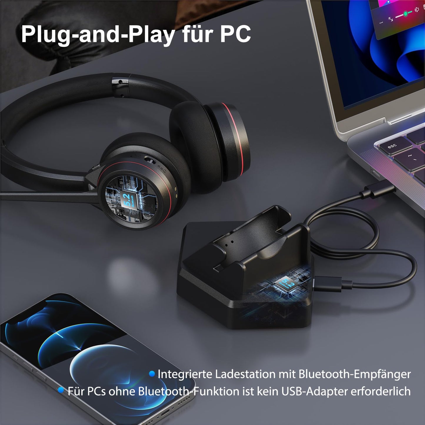 Beebang Bluetooth Headset Schwarz mit Noise-Canceling-Mikrofon, Ladestation und USB-Dongle, 40 Stunden Sprechzeit für PC, Mac und Teams