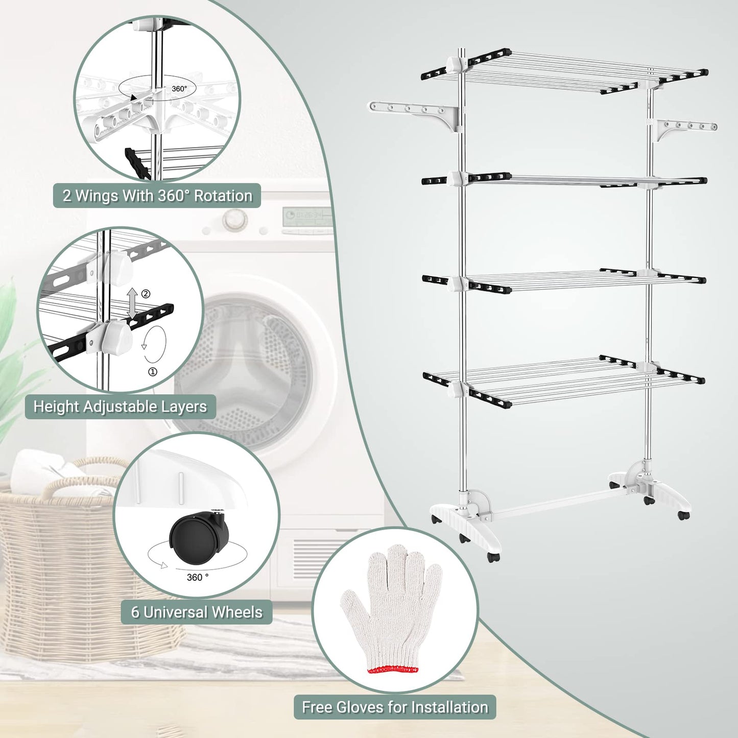 Todeco Wäscheständer Turm Klappbar, Wäscheturm 4 Ebenen aus Edelstahlrohre, Turmtrockner mit 6X Rollen, Flügel, Mobiler Turmwäscheständer für Balkon Wohnzimmer Wäscheraum Badezimmer, Schwarz