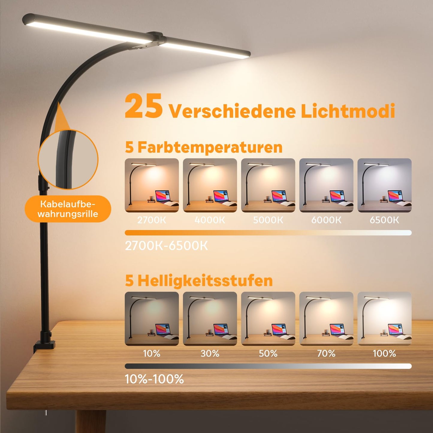 APMIEK Doppelkopf Schreibtischlampe LED Dimmbar, 24W 100 Beleuchtungsmodi, Klemmbar Tageslichtlampe Schreibtisch Lampe, Schwanenhals Büro Tischlampe Augenschutz Arbeitsplatzleuchte, schwarz