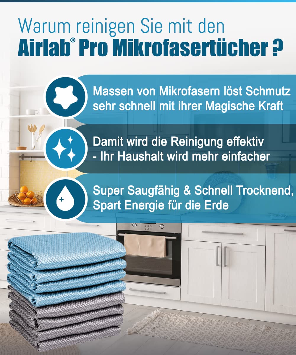Airlab 8X Mikrofasertücher Putztücher, Nano Streifenfrei Fenstertuch Geschirrtücher, Fishscale Reinigungstücher für Auto, Fenster, Brille, Küche, Glas, Spiegel, Wasserhahn und Bad, 40x30 cm