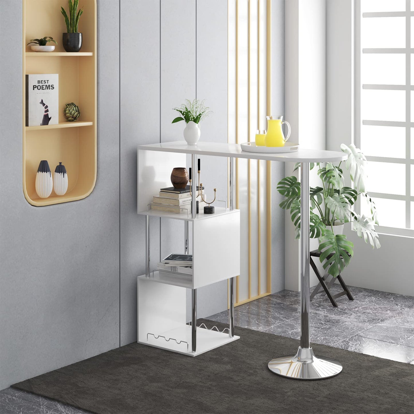 WOLTU Bartisch Stehtisch Bistrotisch Bartheke Tresentisch, mit 3 Ablagefläche, mit Weinregale, Metall, MDF, Weiß, 113x40x105cm(BxTxH)