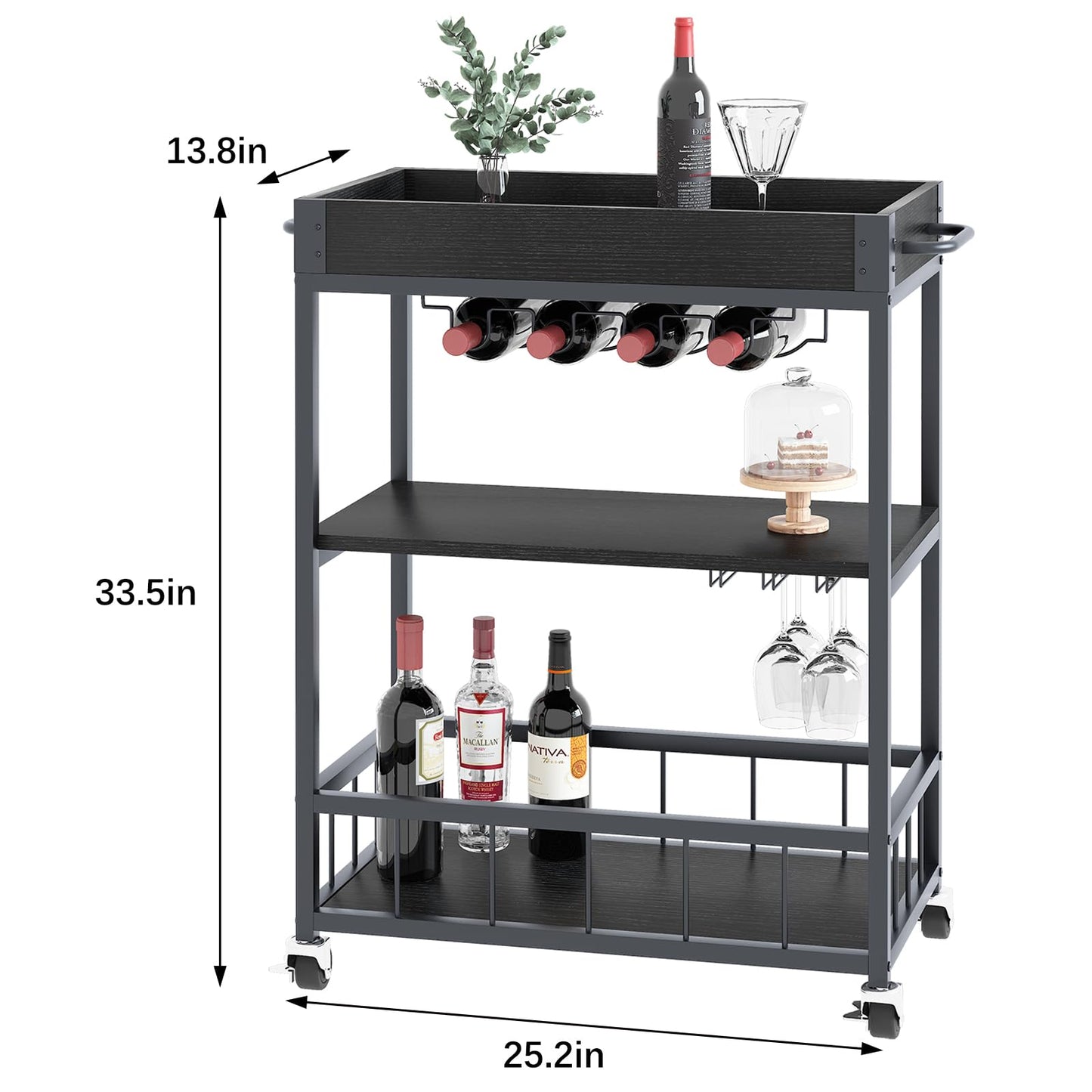Huhote Servierwagen, Küchenwagen, Barwagen mit Rollen, Weinwagen mit Flaschenhalter, 3 Etagen, Getränkewagen für Wohnzimmer, Esszimmer, Küche, Bar, Party, Schwarz Holzmaserung