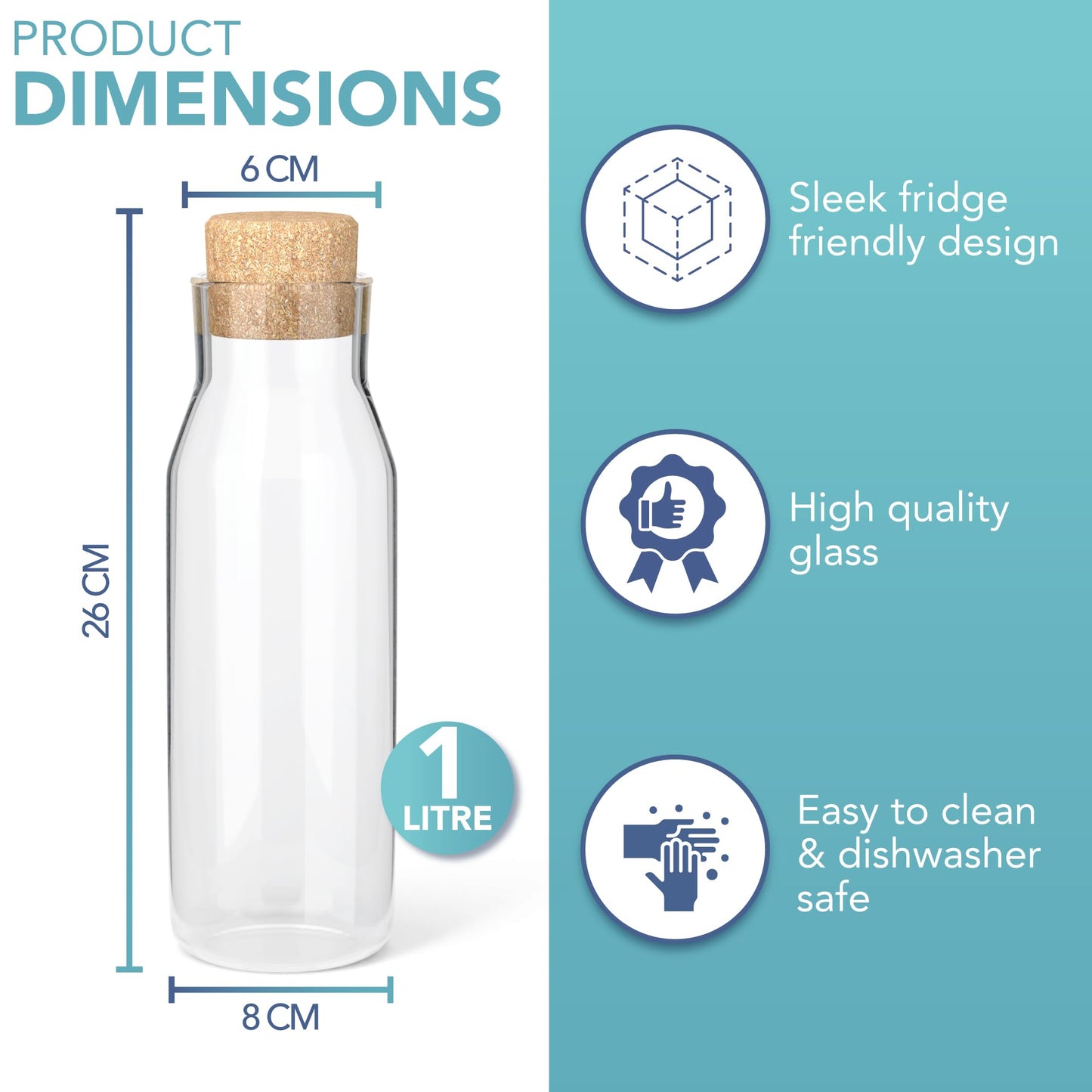 HEFTMAN 2er Set Glaskaraffe 1 Liter - Klarglasflasche für Heiße und Kalte Getränke, Wasser Karaffe Gläser mit Korkdeckel, Nachfüllbare Weichspülerdosen mit Stopfen - 2 Stk