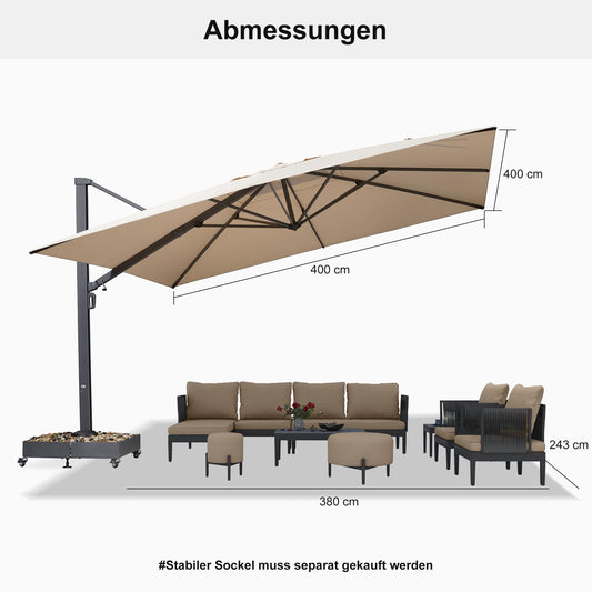 PURPLE LEAF Sonnenschirm Ampelschirm 400 x 400 cm Drehbar Neigbar Marktschirm Groß 360°Rotation, Gartehschirm mit Kurbel, XXL Sonnenschutz UV50+, Beige