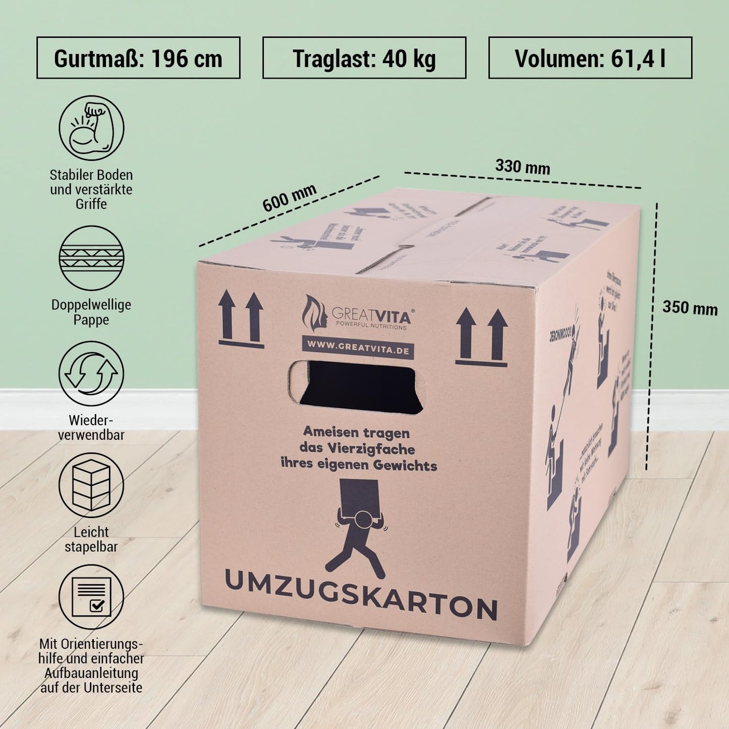 10 x Umzugskartons, Bücherkartons, Aktenkartons | 600 x 330 x 350 mm, 2-wellig | extra groß & stabil bis zu 40 kg | aus Recyclingpapier & mehrfach benutzbar | Verpackungskartons für den Umzug, Pappe