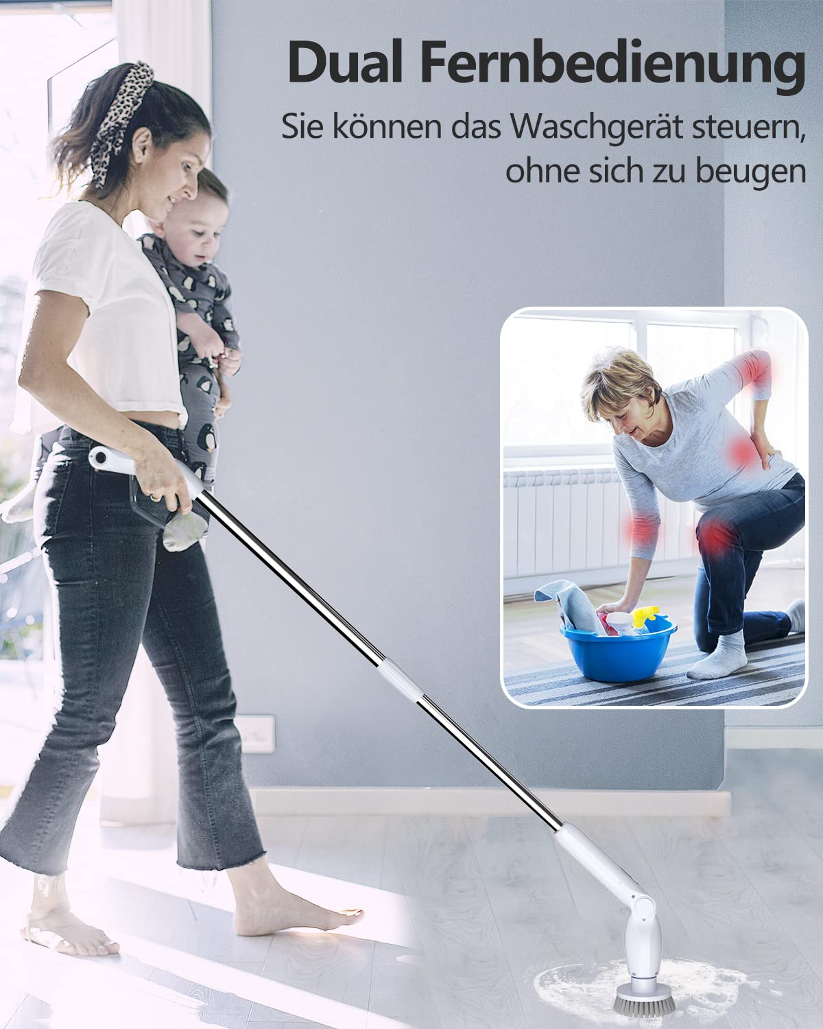 Leebein Elektrische Reinigungsbürste, 2023 Neues Spin Scrubber mit 8 Austauschbaren Bürstenköpfen, Verstellbarem Verlängerungsgriff 37-130CM & 2 Rotationsgeschwindigkeiten für Bad/Küche/Auto