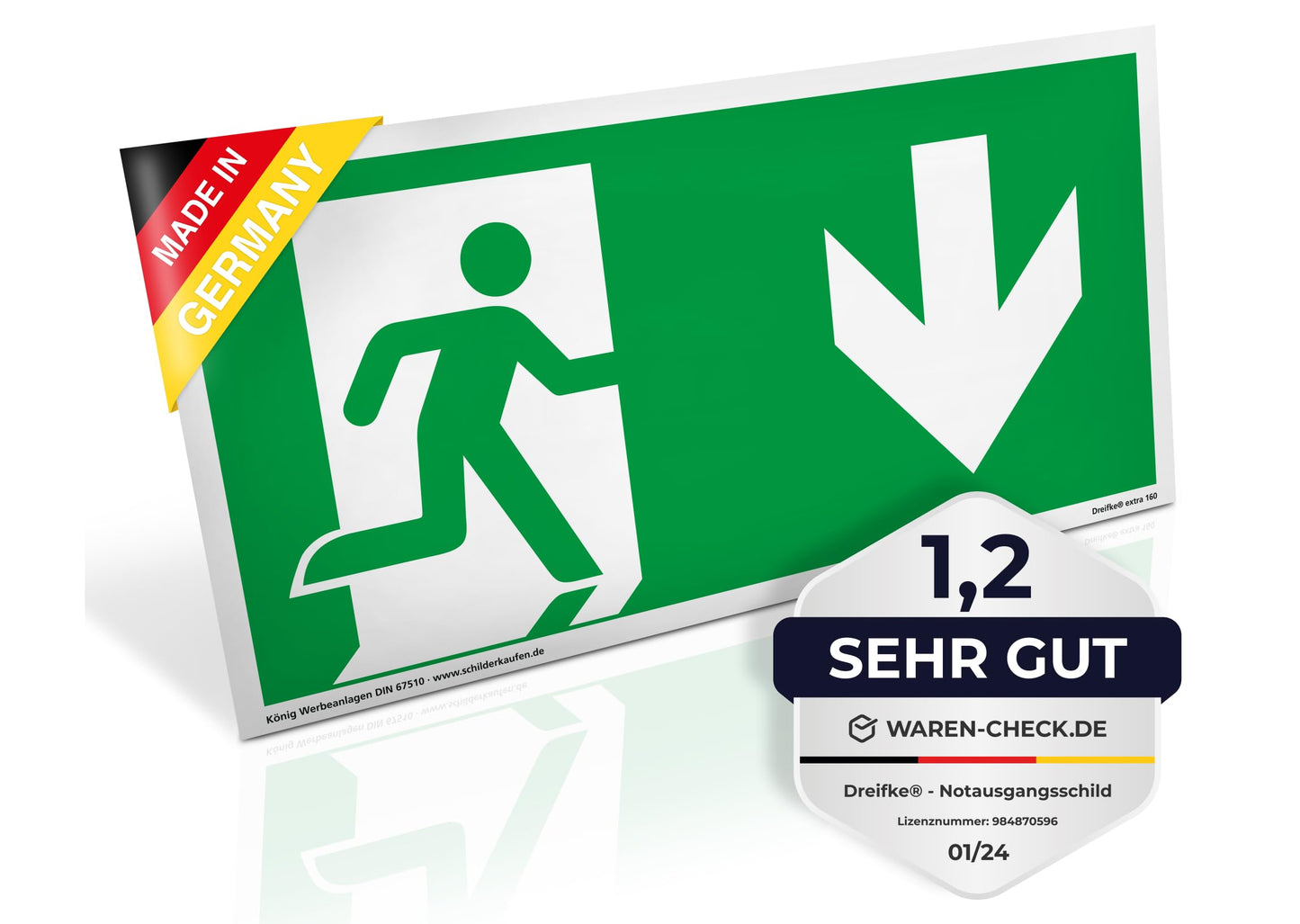 Schild Notausgang | extra langnachleuchtend | PVC selbstklebend 297x148mm | gemäß ASR A1.3 DIN 7010 DIN 67510 | Notausgangsschild Pfeil nach unten | Fluchtwegschild Rettungsweg | Dreifke® extra 160