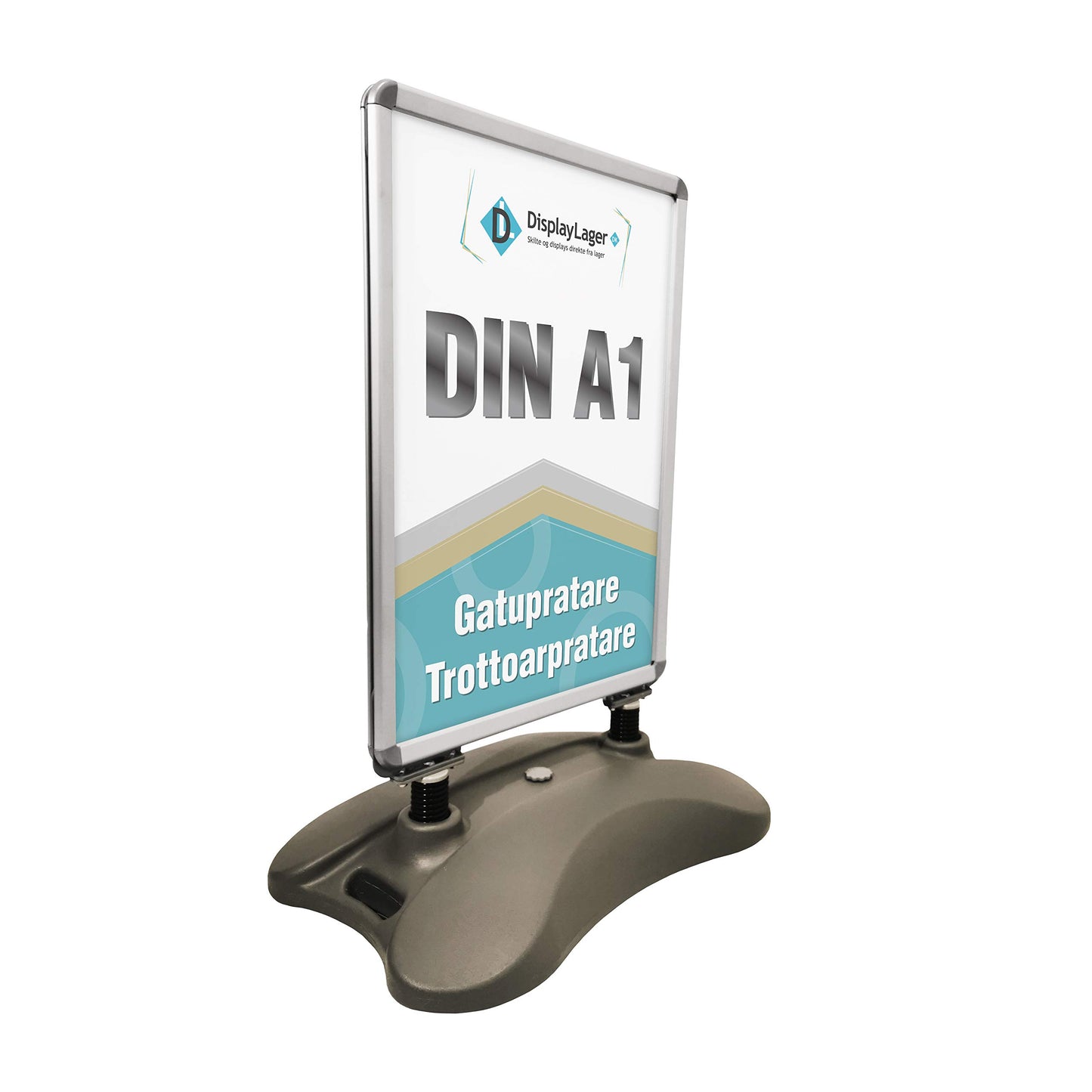 DisplayLager, Dänische Qualität - Grauer Plakatständer Wind-Sign | Für Postermass DIN A1 594x841 mm. Robuster Wetterfester Kundenstopper. Standgewicht für hohe Windgeschwindigkeiten und Rollen